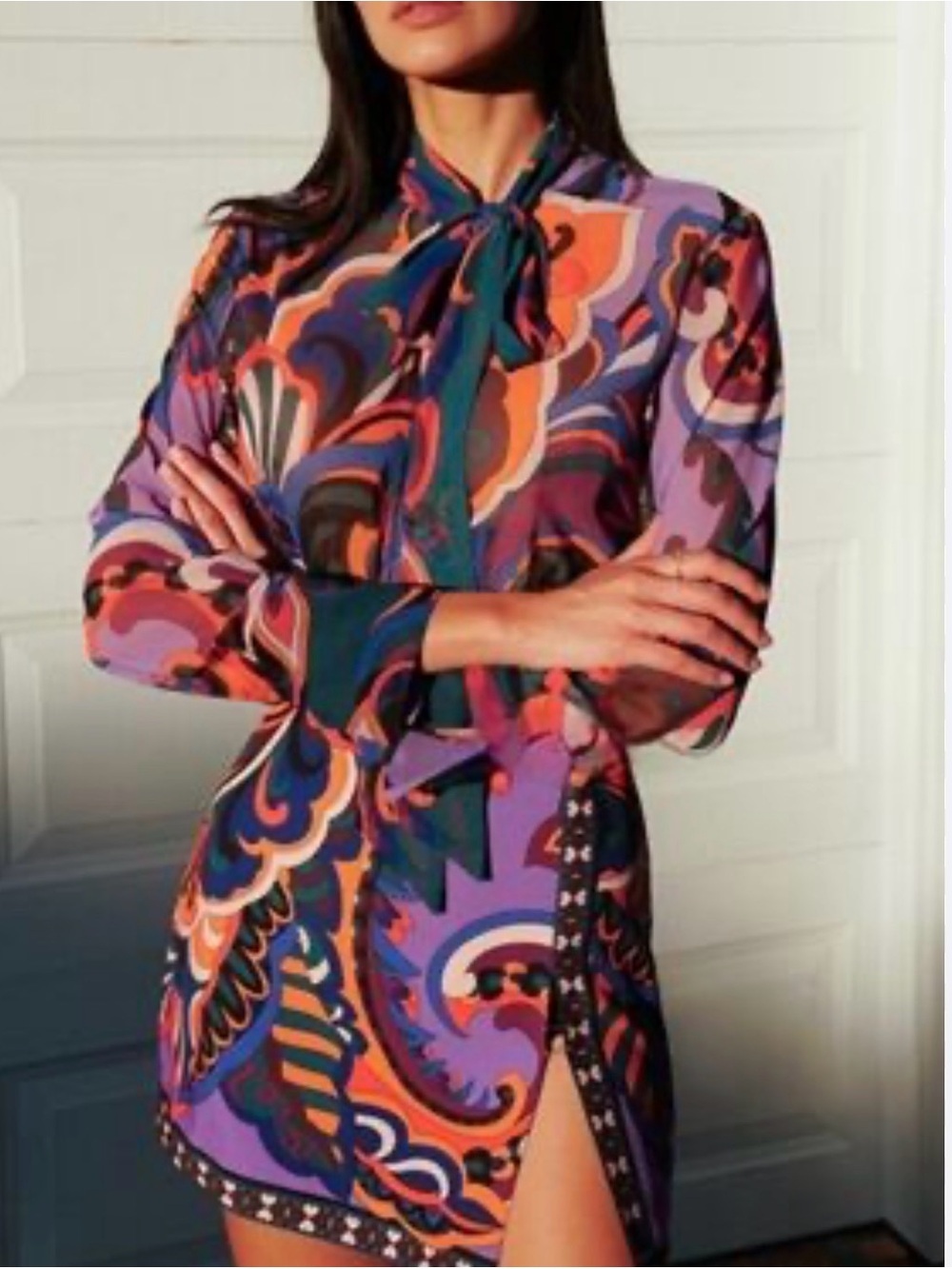 ZARA NWOT paisley print Tie-Neck Long Sleeve Mini Dress SIZE M